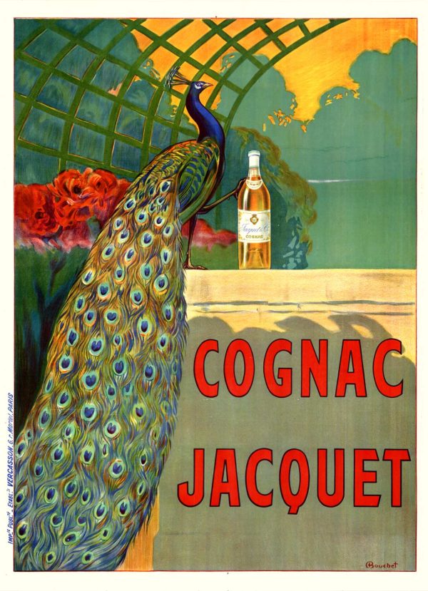 Cognac Jacquet Peacock c. 1910 original stone lithograph by Camille Bouchet; elegantly stylized peacock in jewel-toned blues and greens with ornate plumage detail, warm gold and orange accents, white typography announcing Cognac Jacquet brand—Belle Époque advertising art, vibrant chromatic palette, museum-quality color preservation