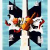 Eric Lancaster 1956 Paris city of the arts original lithographic poster; geometric X composition featuring Eiffel Tower, Notre-Dame, Arc de Triomphe, Sacré-Cœur, Place de la Concorde obelisk in black architectural silhouettes, central golden violin and theater masks, white doves, turquoise sky background—mid-century poster celebrating Parisian art and culture