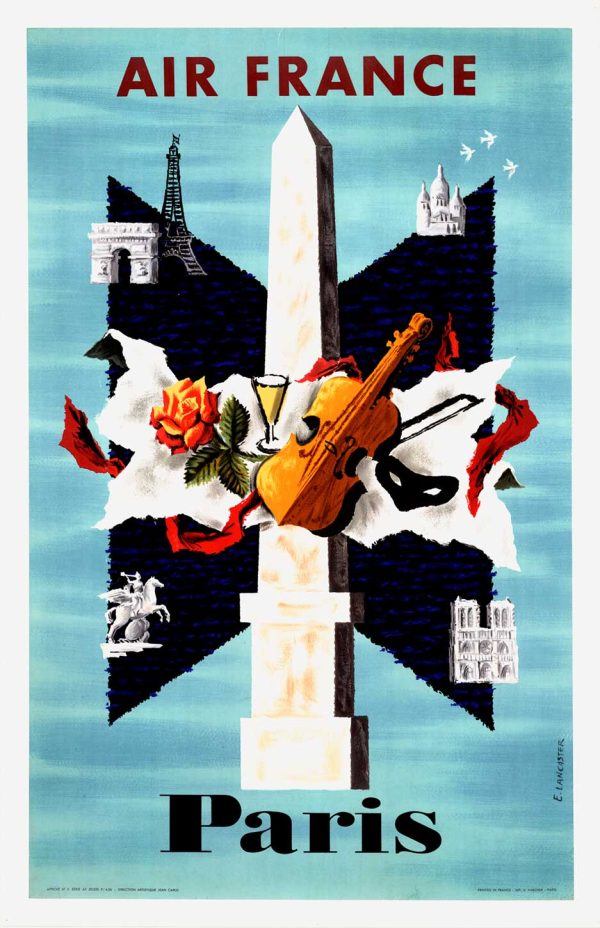 Eric Lancaster 1956 Paris city of the arts original lithographic poster; geometric X composition featuring Eiffel Tower, Notre-Dame, Arc de Triomphe, Sacré-Cœur, Place de la Concorde obelisk in black architectural silhouettes, central golden violin and theater masks, white doves, turquoise sky background—mid-century poster celebrating Parisian art and culture