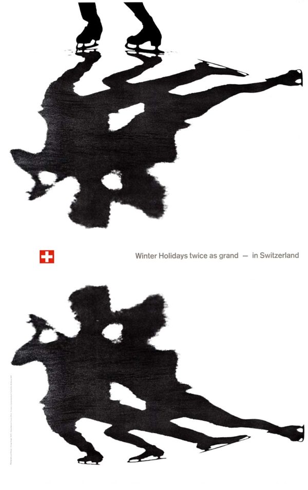 Winter Holidays in Switzerland vintage travel poster by Philipp Giegel, black and white, linen backed.