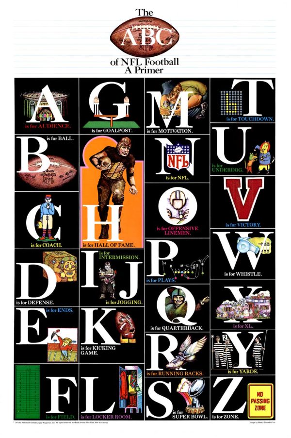 Mike Trousdell original 1971 NFL teams alphabet American football lithograph poster; 24×36" composition with 26 letters each featuring iconic NFL team logos, bold team colors, and vintage sports branding—archival linen-backed, excellent condition, singular authenticated copy available.