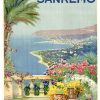 Vintage 1928 ENIT travel poster for San Remo, Italy featuring panoramic Mediterranean coastline view from elevated terrace with vibrant pink and red flowers, blooming palm trees, blue bay waters, white and terracotta buildings nestled on hillside, warm golden light, artist signature Vincenzo Alicandri, stone lithograph original.