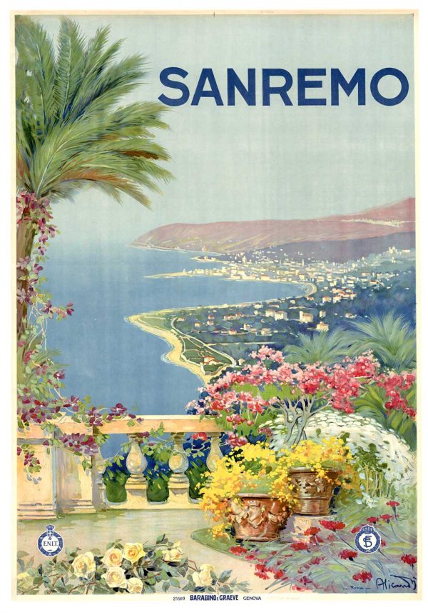 Vintage 1928 ENIT travel poster for San Remo, Italy featuring panoramic Mediterranean coastline view from elevated terrace with vibrant pink and red flowers, blooming palm trees, blue bay waters, white and terracotta buildings nestled on hillside, warm golden light, artist signature Vincenzo Alicandri, stone lithograph original.