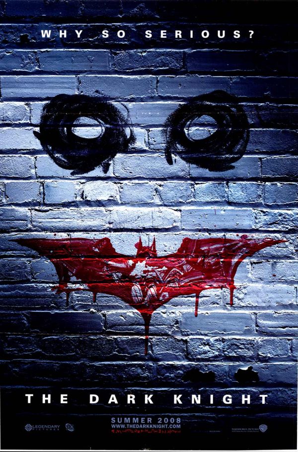 Original 2007 Dark Knight pre-release movie poster; stenciled black Joker silhouette face with menacing red smile bleeding down weathered blue brick background—dual-sided design, vibrant color, B-B+ condition—Heath Ledger iconic imagery, street art aesthetic"