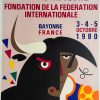 1980 vintage lithograph poster featuring geometric black bull with striking primary colors—blues, reds, yellows, greens—flanked by abstract triangular motifs, stylized matador figure with decorative elements, international flag display at base, Bayonne World Congress of Bullfighting design