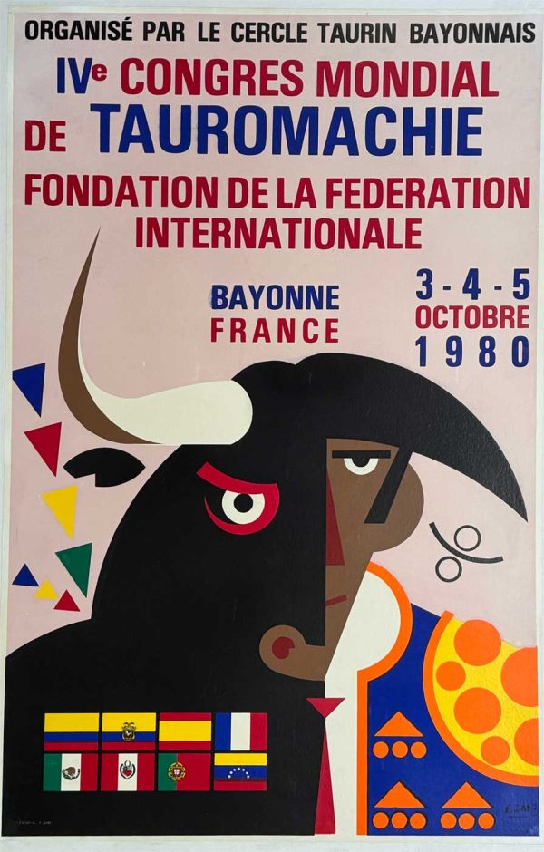 1980 vintage lithograph poster featuring geometric black bull with striking primary colors—blues, reds, yellows, greens—flanked by abstract triangular motifs, stylized matador figure with decorative elements, international flag display at base, Bayonne World Congress of Bullfighting design