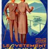 Vintage 1931 French fashion poster featuring two elegantly dressed men in tailored brown suits and refined outerwear framed by bold blue circular border, alpine lake with sailboat in background, muted earth tone palette with cream and green tones, Art Deco typography reading "LE VETEMENT" and "POUR L'HOMME" in orange text.