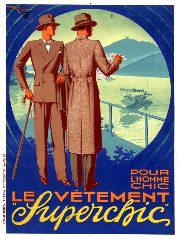 Vintage 1931 French fashion poster featuring two elegantly dressed men in tailored brown suits and refined outerwear framed by bold blue circular border, alpine lake with sailboat in background, muted earth tone palette with cream and green tones, Art Deco typography reading "LE VETEMENT" and "POUR L'HOMME" in orange text.