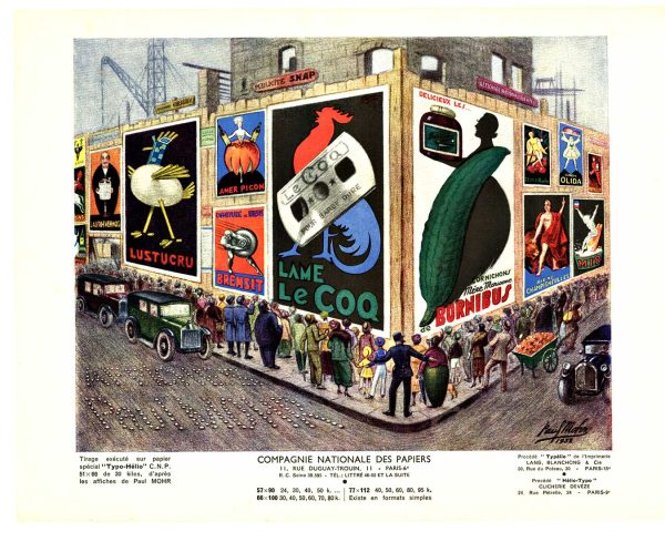 Vintage 1932 Art Deco poster by Paul Mohr depicting a bustling Paris street scene with crowds of pedestrians looking upward at a corner building covered with colorful advertising posters, featuring vibrant advertisements for Lustucru, Amer Picon, Bremsit, Lame Le Coq, Bornibu, Cherry Roche, and Bière Champigneulles, bold Art Deco typography and geometric composition, created by Compagnie Nationale des Papiers.