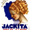 Vintage 1938 Art Deco JACKITA hair oil advertisement poster featuring elegant woman's profile with voluminous golden curled hair against deep blue silhouette, warm gold and cream tones, bold navy blue typography, Henri LeMonnier signature, French lithograph design.