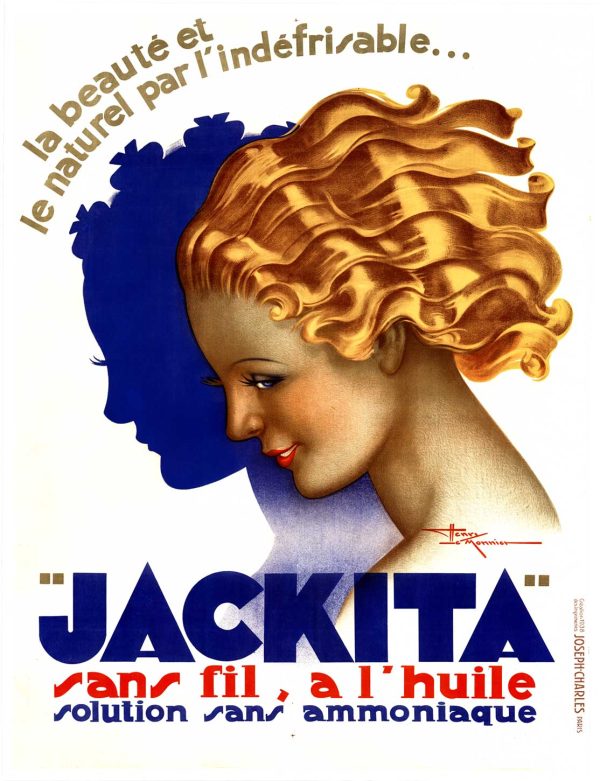 Vintage 1938 Art Deco JACKITA hair oil advertisement poster featuring elegant woman's profile with voluminous golden curled hair against deep blue silhouette, warm gold and cream tones, bold navy blue typography, Henri LeMonnier signature, French lithograph design.