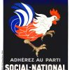 Vintage 1936 political poster by Leonetto Cappiello featuring stylized patriotic rooster in white, blue, and orange against dark background, bold typography reading "Pour Le Pays / Adhérez Au Parti Social-National," dramatic Art Deco composition, Devambez printer mark.