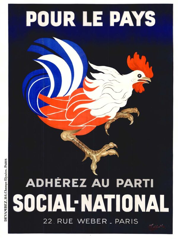 Vintage 1936 political poster by Leonetto Cappiello featuring stylized patriotic rooster in white, blue, and orange against dark background, bold typography reading "Pour Le Pays / Adhérez Au Parti Social-National," dramatic Art Deco composition, Devambez printer mark.