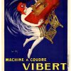 Vintage 1921 advertising poster by Jean d'Ylen featuring elegant female figure in flowing red fabric dancing with ornate golden sewing machine against deep blue background, yellow typography reading "Machine à Coudre Vibert," Art Deco style composition, bold primary colors.