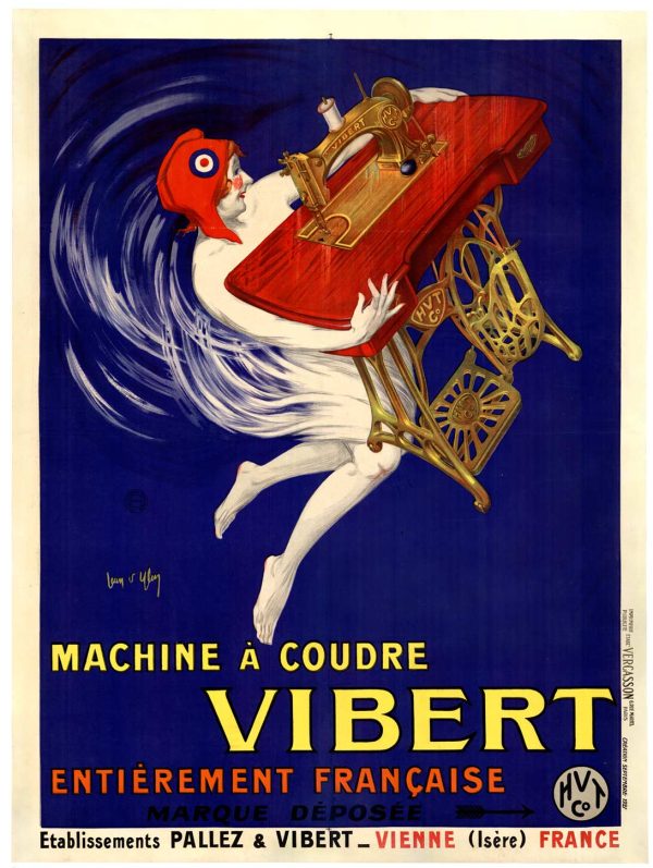 Vintage 1921 advertising poster by Jean d'Ylen featuring elegant female figure in flowing red fabric dancing with ornate golden sewing machine against deep blue background, yellow typography reading "Machine à Coudre Vibert," Art Deco style composition, bold primary colors.
