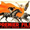 1936 Art Deco champagne poster featuring galloping black stallions, golden-orange flowing fabric, elegant female figure with raised arm, champagne bottle, bold red "PREMIER FILS" typography, warm earth tones and cream background, Robys signature style