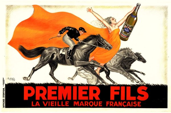 1936 Art Deco champagne poster featuring galloping black stallions, golden-orange flowing fabric, elegant female figure with raised arm, champagne bottle, bold red "PREMIER FILS" typography, warm earth tones and cream background, Robys signature style