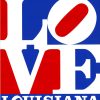 Vintage 1972 pop art poster featuring Robert Indiana's iconic LOVE design with interlocking red and blue geometric letters on white background, Louisiana Museum exhibition poster, bold contemporary typography.