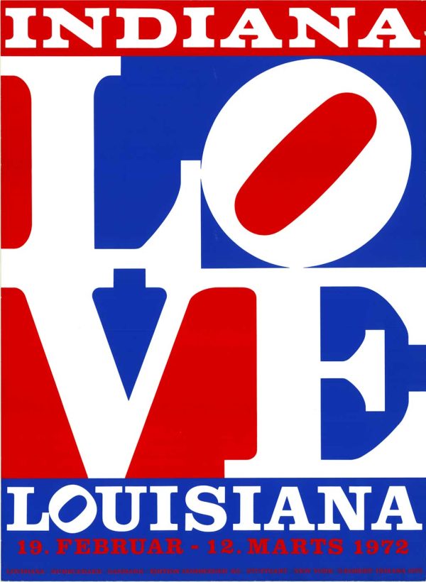 Vintage 1972 pop art poster featuring Robert Indiana's iconic LOVE design with interlocking red and blue geometric letters on white background, Louisiana Museum exhibition poster, bold contemporary typography.