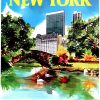 Vintage 1970s New York travel poster showing Central Park lake with ducks, blooming red and yellow flowers, Manhattan skyline with Art Deco and modern office towers, bright blue sky, vibrant color palette in greens, blues, yellows, and reds.
