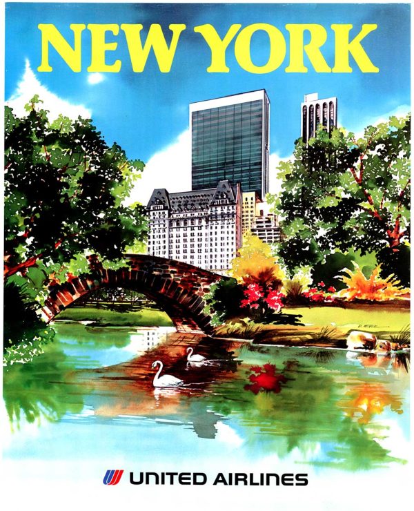 Vintage 1970s New York travel poster showing Central Park lake with ducks, blooming red and yellow flowers, Manhattan skyline with Art Deco and modern office towers, bright blue sky, vibrant color palette in greens, blues, yellows, and reds.
