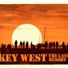 Vintage 1976 Key West travel poster featuring dramatic silhouettes of beachgoers and sailboat against burning orange sunset sky, dark figures in profile, "KEY WEST THE LAST RESORT" text in bold yellow typography at bottom.