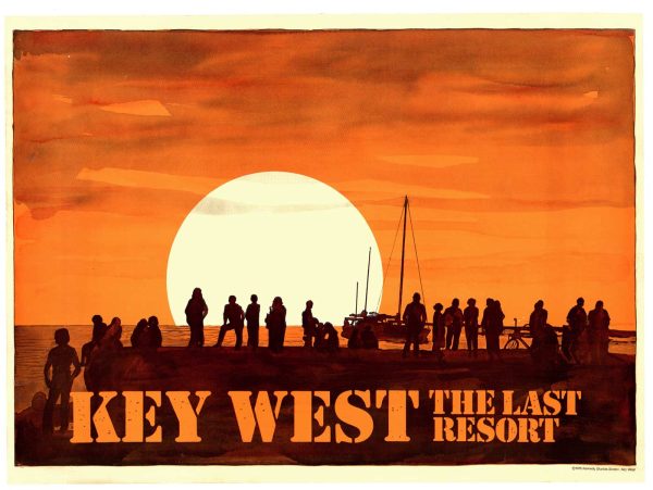 Vintage 1976 Key West travel poster featuring dramatic silhouettes of beachgoers and sailboat against burning orange sunset sky, dark figures in profile, "KEY WEST THE LAST RESORT" text in bold yellow typography at bottom.