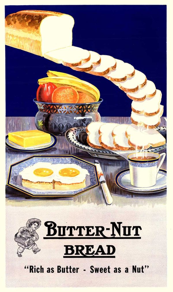 Vintage 1920s Butter-Nut Bread advertising poster featuring Art Deco table setting with golden toast, creamy butter in ornate dish, fried eggs on white plate, steaming coffee cup, deep navy blue background with decorative striped border, warm golden and orange color palette