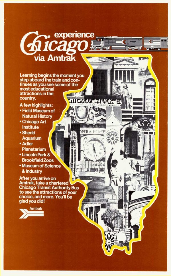 Original 1970s Amtrak travel poster featuring Illinois state outline filled with black and white illustrations of Chicago landmarks including Sears Tower, Chicago Public Library, Michigan Avenue buildings, and Union Station, rust-orange background with bold vintage typography