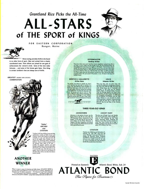 Original 1952 Grantland Rice All-Stars of the Sport of Kings poster featuring black and white illustrations of legendary Thoroughbred racehorses including Citation, Exterminator, and jockey Eddie Arcaro, detailed racing history text, vintage equestrian design, Eastern Corporation Atlantic Bond advertising