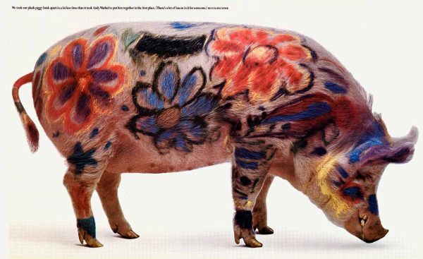 Authentic 1968 Andy Warhol RCA ColorScanner poster featuring vibrant finger-painted "Gaudy" pig with abstract flowers; rare small-format vintage original Pop Art advertising print
