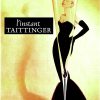 Vintage 1980s French champagne advertisement poster featuring silhouetted woman in black strapless evening gown viewed through giant champagne flute, warm yellow and gold gradient background, bold "l'instant TAITTINGER" typography, elegant Art Deco-inspired design.