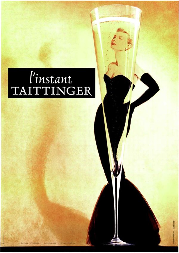 Vintage 1980s French champagne advertisement poster featuring silhouetted woman in black strapless evening gown viewed through giant champagne flute, warm yellow and gold gradient background, bold "l'instant TAITTINGER" typography, elegant Art Deco-inspired design.