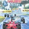 Vintage 1997 Formula One racing poster showing red Ferrari in lead position followed by Benetton and Williams race cars on blue racetrack, with San Marino and Imola circuit branding, vibrant racing scene composition.