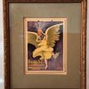 "Leonetto Cappiello Filtre S.G. poster: golden-winged angel in yellow holding red corkscrew on purple background, Art Nouveau advertising art" Framed Detail: "Framed Cappiello Filtre S.G. poster in Art Nouveau frame with mint green and ivory matting, 12.5 x 15 inches"