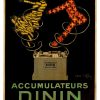Jean d'Ylen 1920s "Accumulateurs Dinin" Art Deco poster with golden electrical forms and orange energy bursts, linen-backed Grade B original, 13.25" × 20.25"