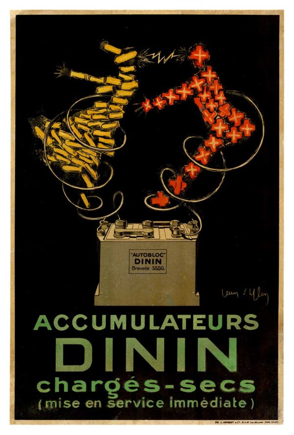 Jean d'Ylen 1920s "Accumulateurs Dinin" Art Deco poster with golden electrical forms and orange energy bursts, linen-backed Grade B original, 13.25" × 20.25"