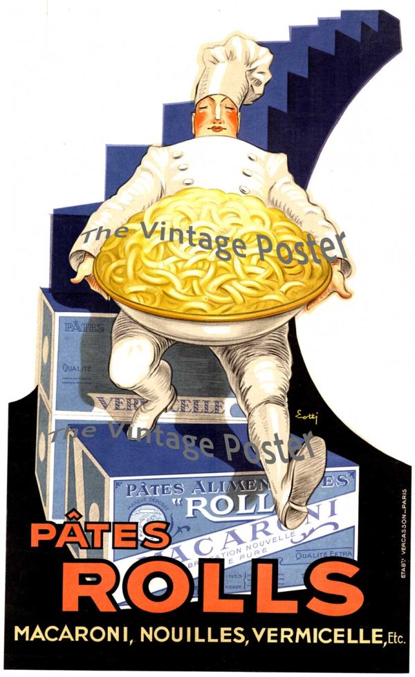 Vintage 1920s-1930s Art Deco poster by Betto Lotti for Pates Rolls pasta, featuring elegant classical figure with golden bowl and blue background, 27x39 inches, original condition.