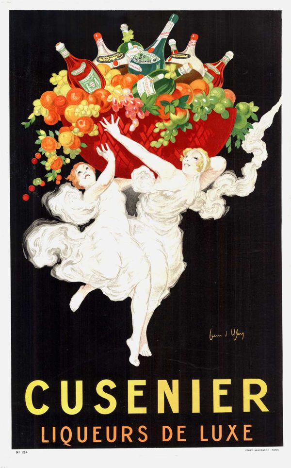 Jean d'Ylen "Cusenier Liqueurs de Luxe" 1930 masterpiece: rare Art Deco poster with angel-like figures holding cornucopia of fruit and liquor, Cappiello's successor, museum-quality condition.