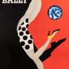 "Vintage 1989 Bally Shoes advertising poster by Bernard Villemot featuring woman's leg in black shoe against red-orange background with integrated man's shadow silhouette, polka dot detail, blue globe symbol, minimalist luxury fashion design."