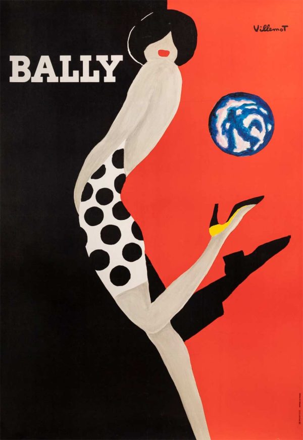 "Vintage 1989 Bally Shoes advertising poster by Bernard Villemot featuring woman's leg in black shoe against red-orange background with integrated man's shadow silhouette, polka dot detail, blue globe symbol, minimalist luxury fashion design."