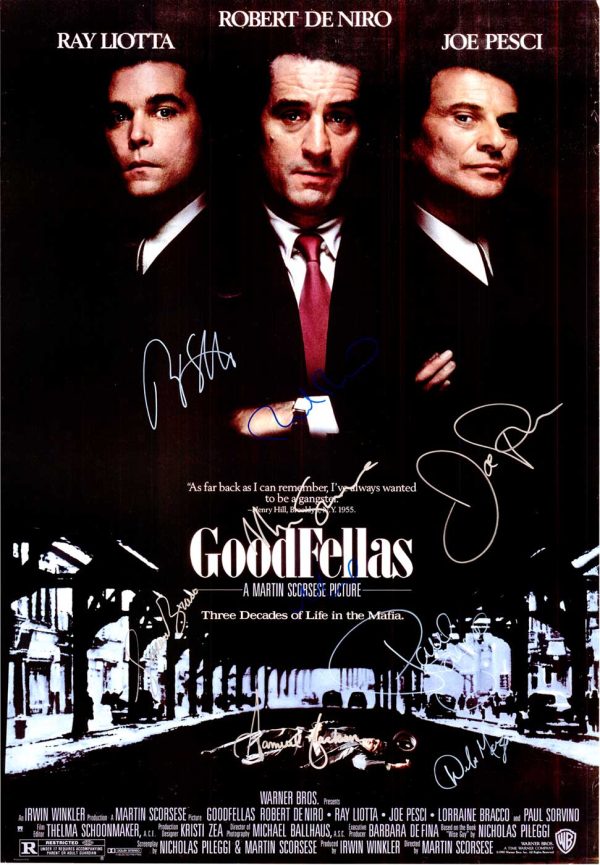 1990 Goodfellas theatrical poster signed by Samuel L. Jackson, Joe Pesci, Ray Liotta, Lorraine Bracco, Paul Sorvino, and Martin Scorsese, 27x39 original Warner Bros. release"
