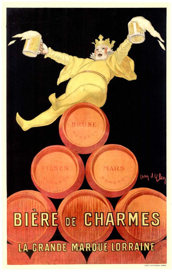 "Rare original Biere de Charmes small cartone poster, c. 1924. Features King above stacked beer barrels with French text. Restored and linen-backed, 22 x 13.75 inches." Small format.
