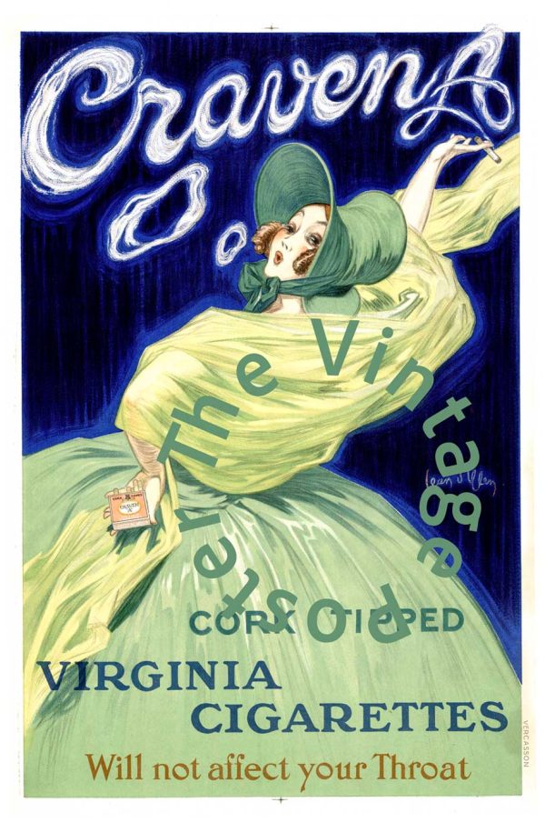 "Original 1924-1925 Jean d'Ylen poster for Craven A Virginia Cork Tipped Cigarettes featuring Art Deco-style female figure in flowing green garments"