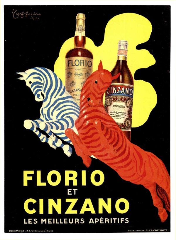 Rare authentic 1930 Leonetto Cappiello vintage poster for Florio Cinzano aperitif, featuring red ribbon design on black background, original linen-backed print in Grade A- condition.