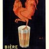 Authentic Auzolle "Bière St. Nicolas de Porto" vintage poster, 1920s-1930s. Linen-backed, Grade B+. Red rooster emerging from frosted beer glass on black background.