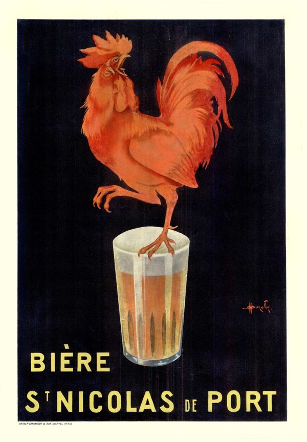 Authentic Auzolle "Bière St. Nicolas de Porto" vintage poster, 1920s-1930s. Linen-backed, Grade B+. Red rooster emerging from frosted beer glass on black background.