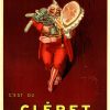 Jean d'Ylen "C'est du Cleret" 1930 Art Deco vintage poster: elegant man in red holding grapefruit slice, burgundy background, rare authentic French advertisement, Grade A condition.