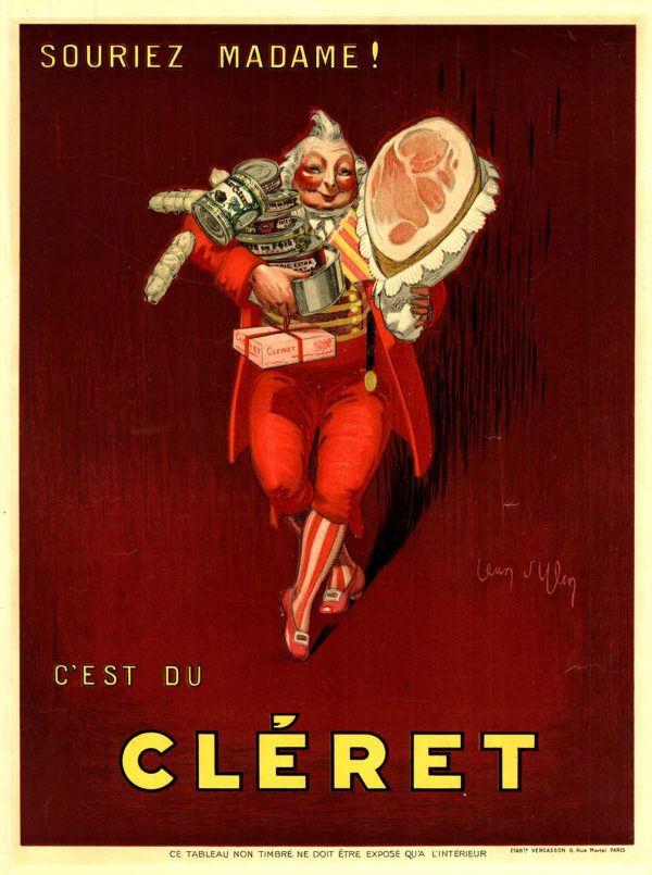 Jean d'Ylen "C'est du Cleret" 1930 Art Deco vintage poster: elegant man in red holding grapefruit slice, burgundy background, rare authentic French advertisement, Grade A condition.