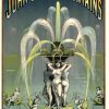 Original c.1900 John's Fairy Fountains poster Imp. Emile Levy Paris, three nymphs fountain pink green jets, linen-backed litho